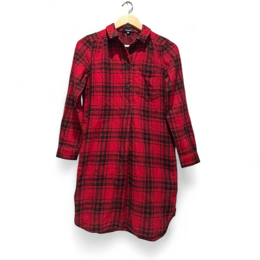 Madewell 100%‎ Cotton Black Red Plaid Buffalo Check Flannel Shirt Dress Sz XXS